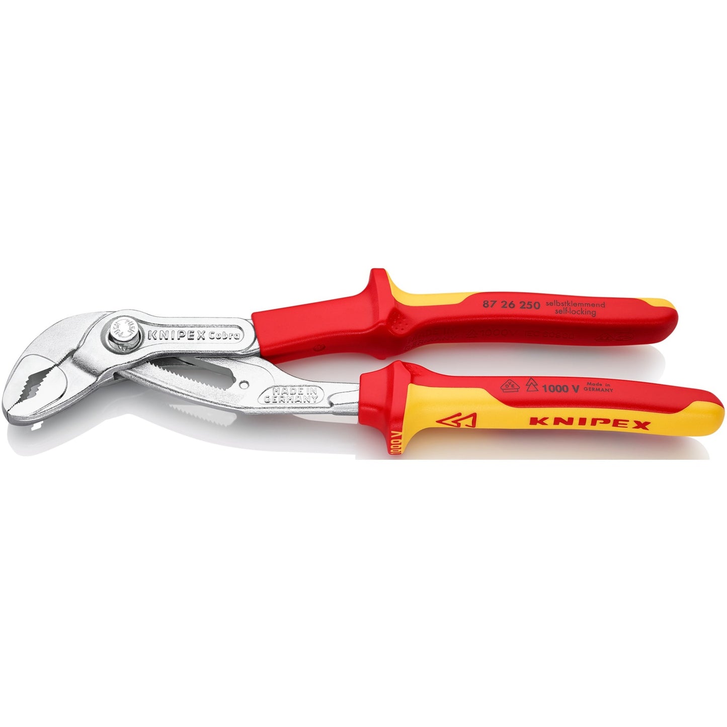 KNIPEX cobra vde hightech-waterpomptang 87 26 250 zweedse- waterpomp-tang (rood geel, getande grijpvlakken, doorgestoken scharnier )