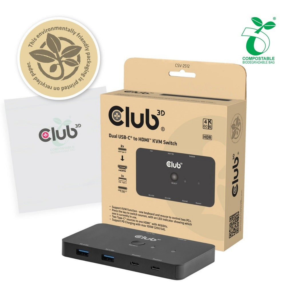 Club 3D csv-2512 kvm switch dual usb-c naar hdmi kvm-switch (zwart, 4k 60hz)