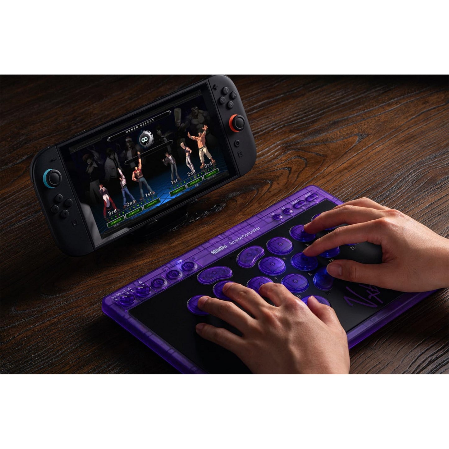 8BitDo arcade controller - transparent purple signature edition (paars transparant, 2.4 ghz bluetooth usb, nintendo switch 1 + 2, pc)
