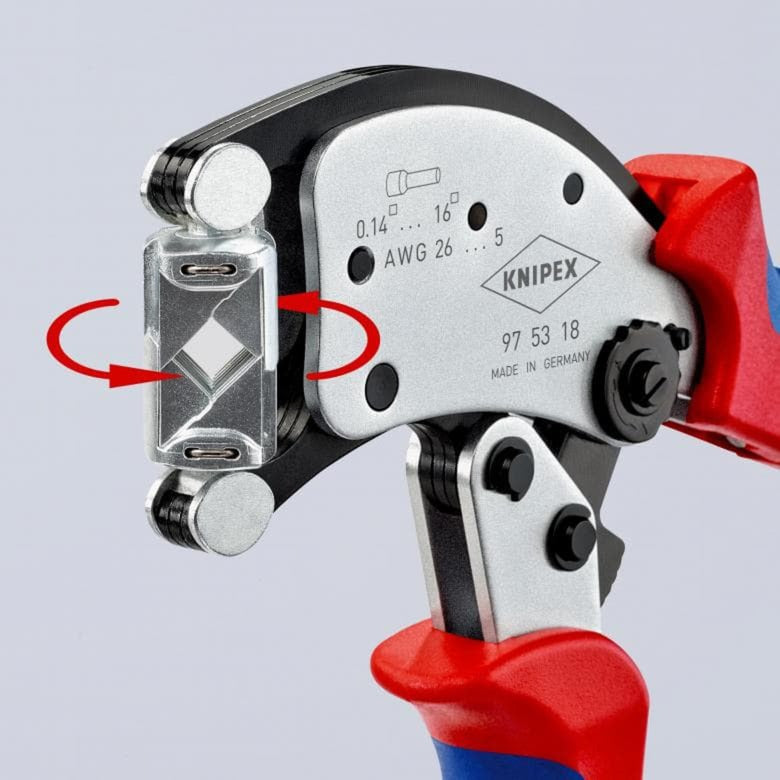 KNIPEX twistor 16 zelfinstellende krimptang voor adereindhulzen (rood blauw, met draaibare krimpkop)
