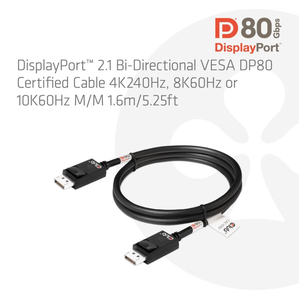 Club 3D displayport 2.1 vesa dp80 gecertificeerde kabel male-male (zwart, 1,6 meter, 8k 240hz, 10k 60hz, 80gbps)