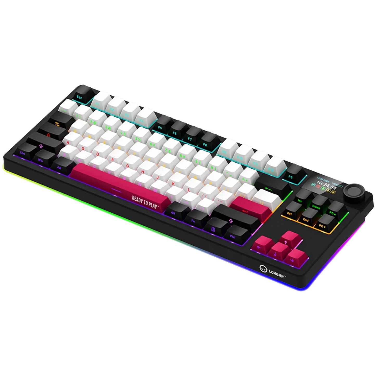 LORGAR kbp70tklw rgb mechanisch gaming toetsenbord (zwart, us lay-out (qwerty), logar toxic purple, 80% (tkl), rgb, hot-swappable, pbt double-shot, bluetooth | 2.4ghz | usb)