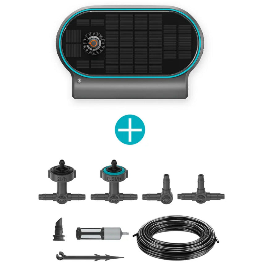 GARDENA aquabloom set l voor bewatering op zonne-energie besproeiingscomputer (grijs turquoise, automatisch besproeiingssysteem, accu inbegrepen)