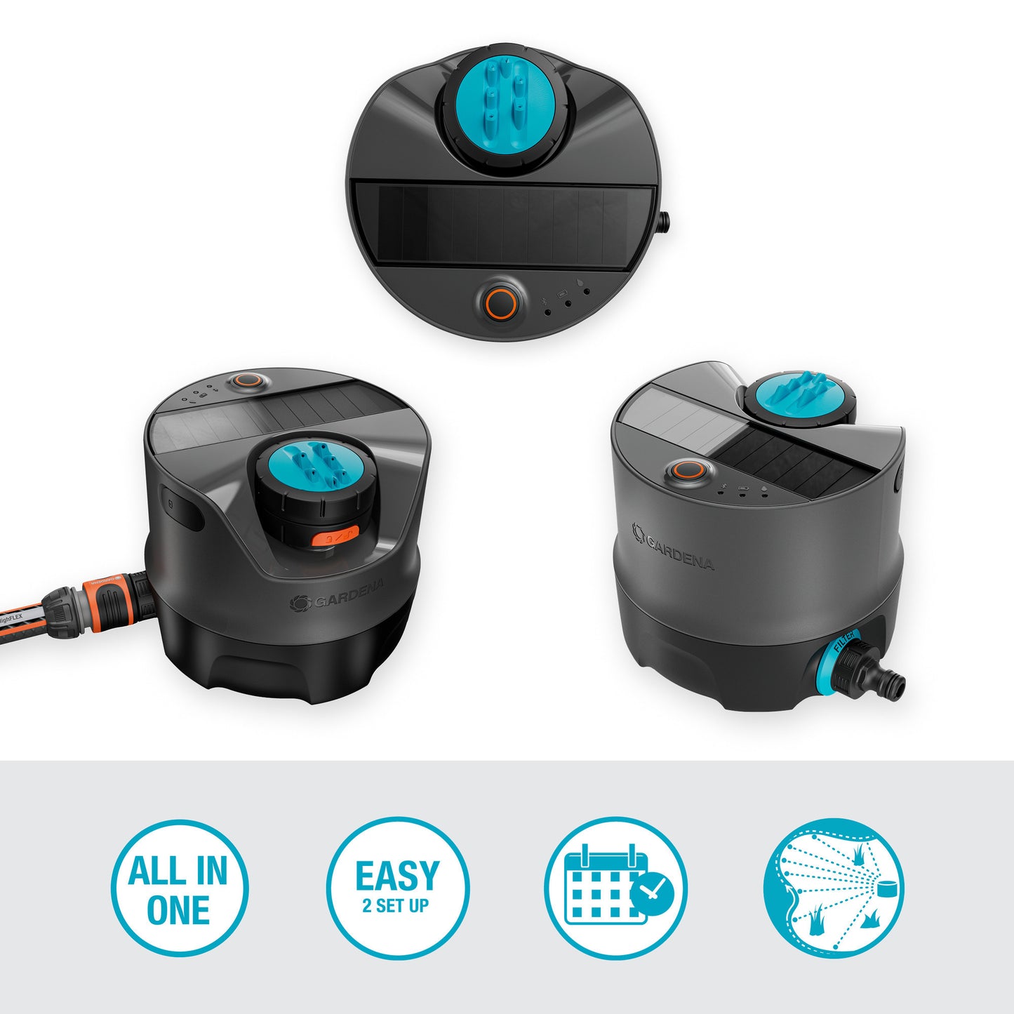 GARDENA irrigatiesysteem aquaprecise op zonne-energie voor gazon sprinklersysteem (grijs turquoise, sproeioppervlak 320 m²)