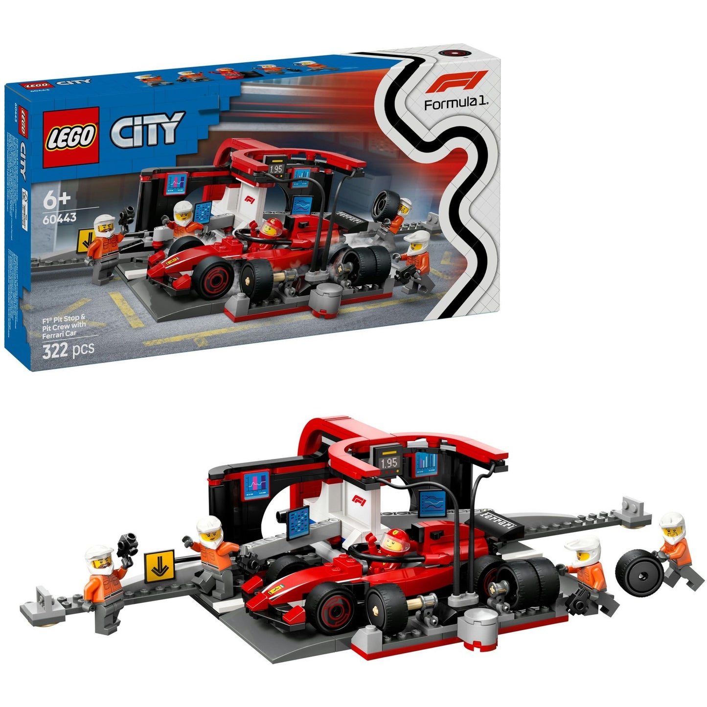 LEGO city 60443 f1 pitstop en pitcrew met ferrari auto