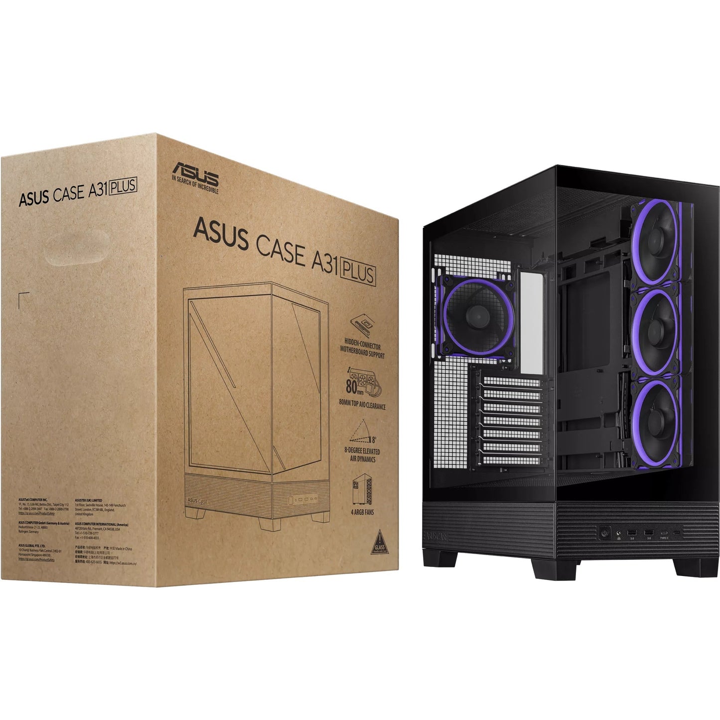 ASUS a31 plus midi tower behuizing (zwart | 2x usb-a | 2x usb-c | tempered glass)