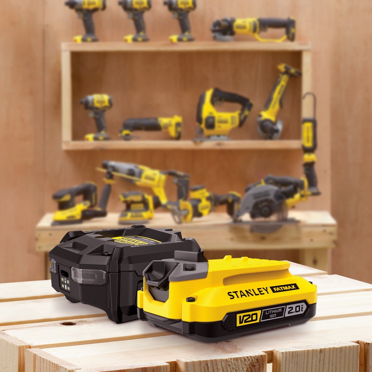Stanley fatmax 18v startset 1x 2,0ah accu + lader v20 oplaadstation (zwart geel)
