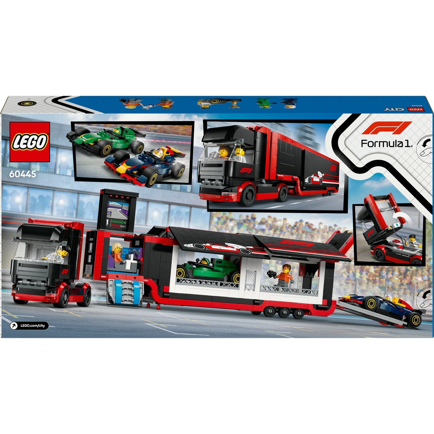 LEGO city 60445 f1 truck met rb20 en amr24 f1 auto's