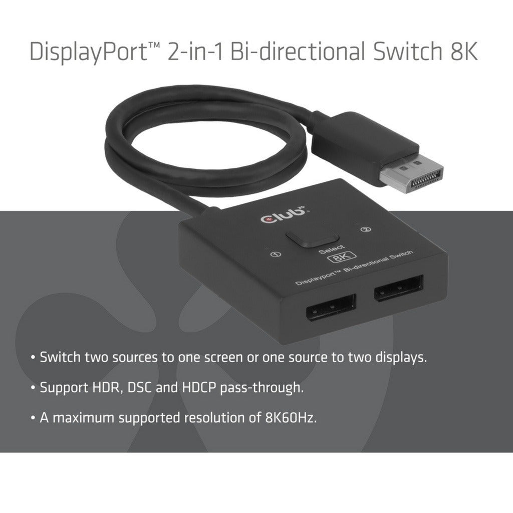 Club 3D displayport 2-in-1 bidirectionele 8k switch displayport switch (zwart)