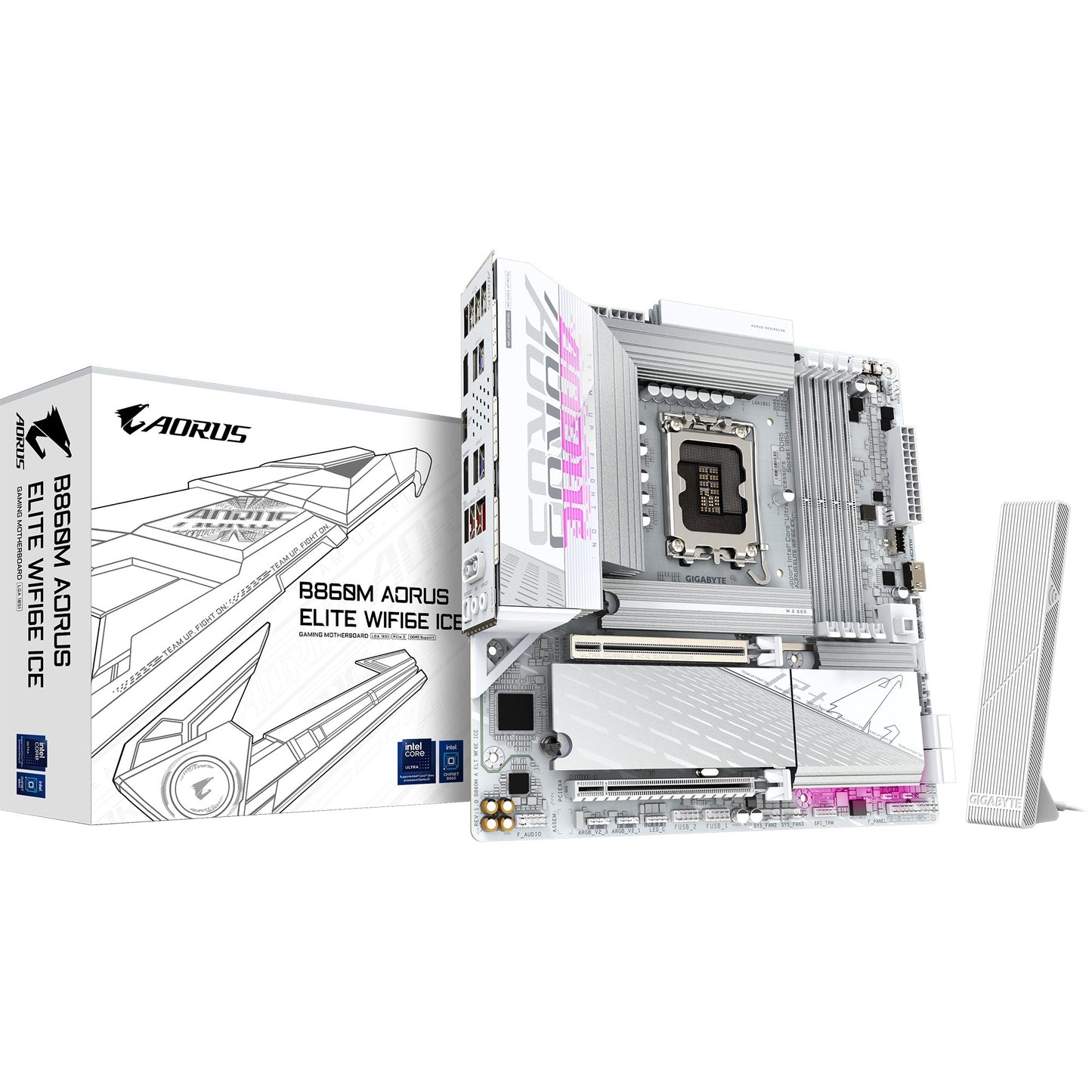 GIGABYTE b860m aorus elite wifi6e ice socket 1851 moederbord (zilver wit, raid, 2.5gb-lan, wi-fi 7, bt, sound, µatx)