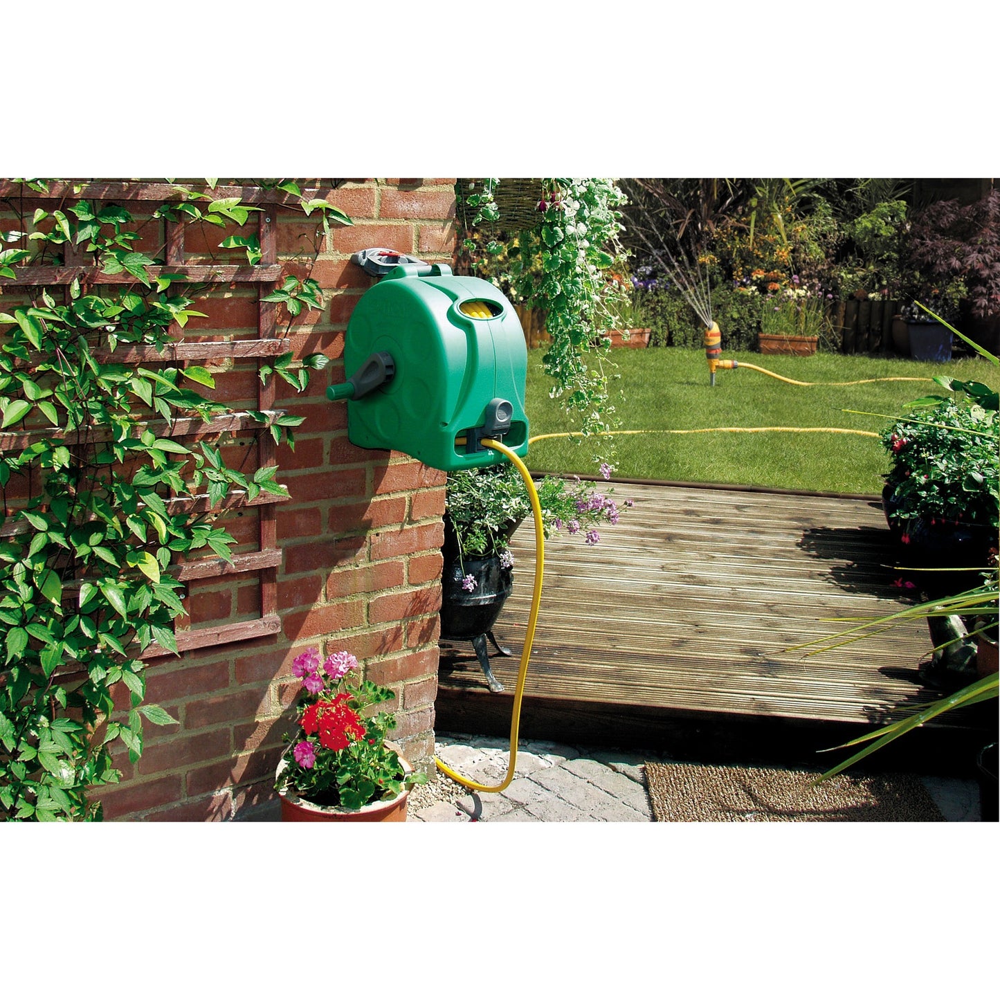 Hozelock 2415 compact enclosed reel 2 in 1 slanghaspel (grijs geel, 25 meter)