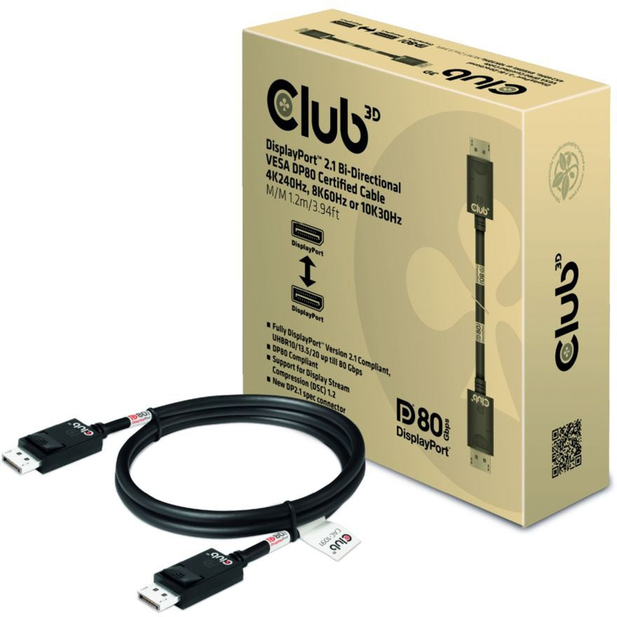 Club 3D displayport 2.1 vesa dp80 gecertificeerde kabel male-male (zwart, 1,2 meter, 4k 240hz, 8k 60hz, 80gbps)