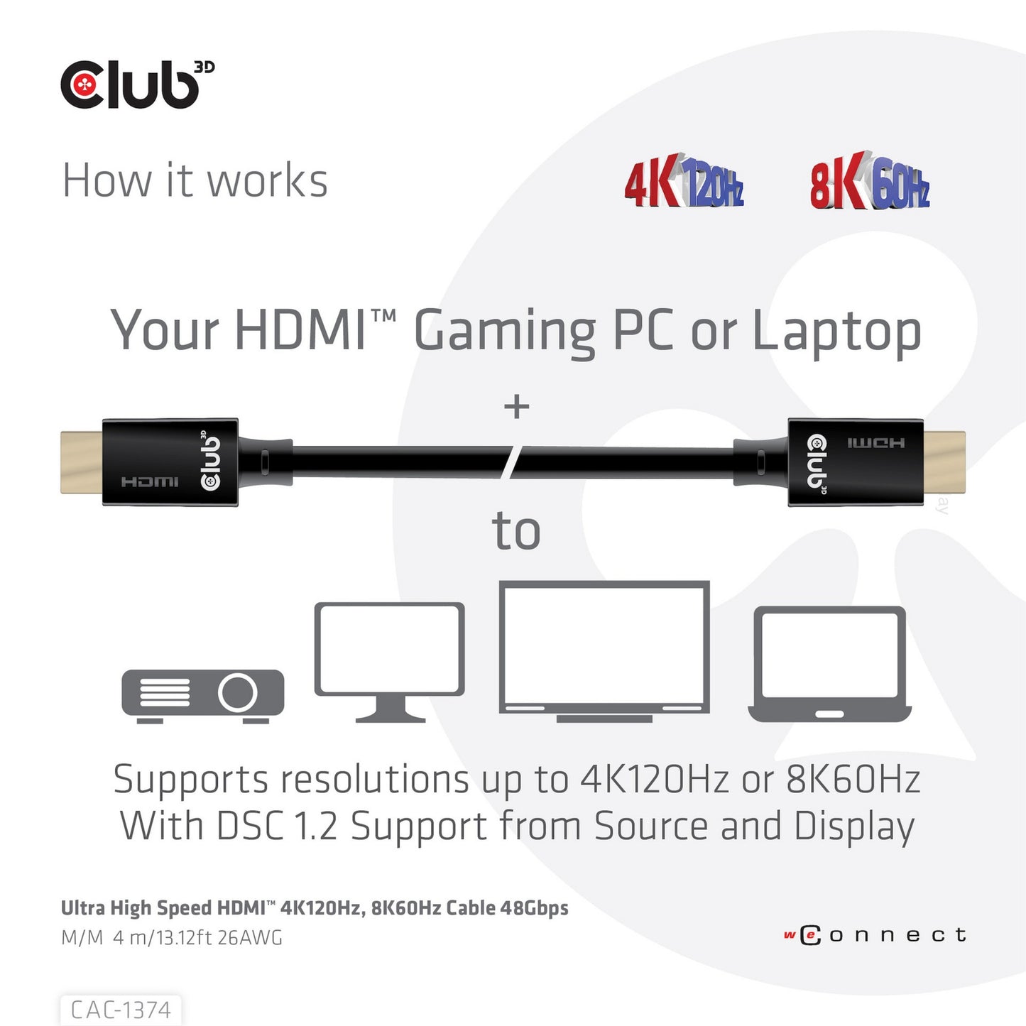 Club 3D ultra high speed hdmi 2.1 male-male kabel (zwart, 4 meter, 4k 120hz, 8k 60hz, 48gbps)