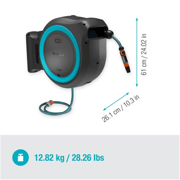 GARDENA 35 m wand-slangenbox powerroll xl slanghaspel (grijs turquoise, 35 meter, accu en oplader niet inbegrepen, power for all alliance)