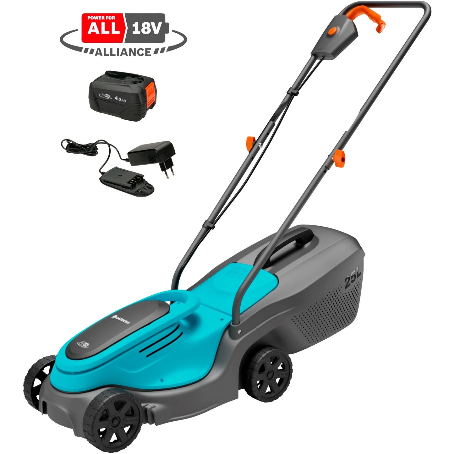 GARDENA accugrasmaaier powermax 30 18v p4a set (zwart turquoise, incl. li-ion accu 4,0ah, power for all alliance)
