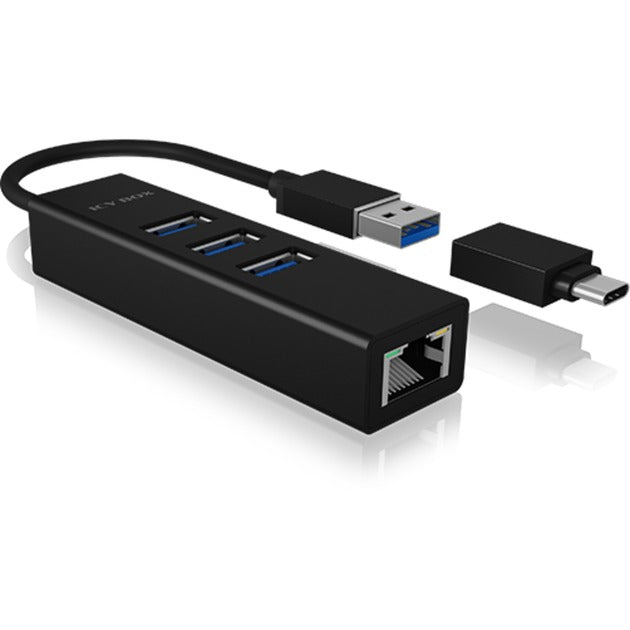 ICY BOX ib-hub1419-lan usb-hub (zwart, 3x usb-a 3.2 (5 gbit s), 1x lan)