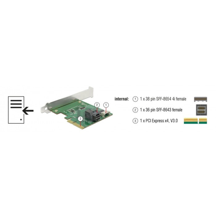 DeLOCK pci express x4 card u.2 nvme naar 1 x internal sff-8654 4i + 1 x internal sff-8643 – low profile form factor adapter (zilver)