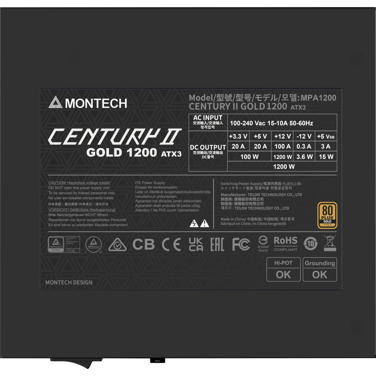 Montech century ii modulaire 1200 watt voeding (zilver, 1x 12v-2x6, 6x pcie)
