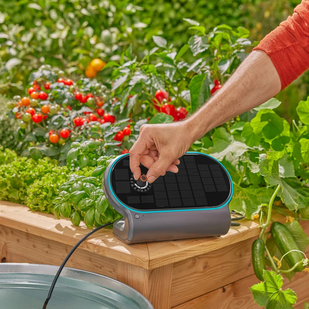 GARDENA aquabloom set l voor bewatering op zonne-energie besproeiingscomputer (grijs turquoise, automatisch besproeiingssysteem, accu inbegrepen)