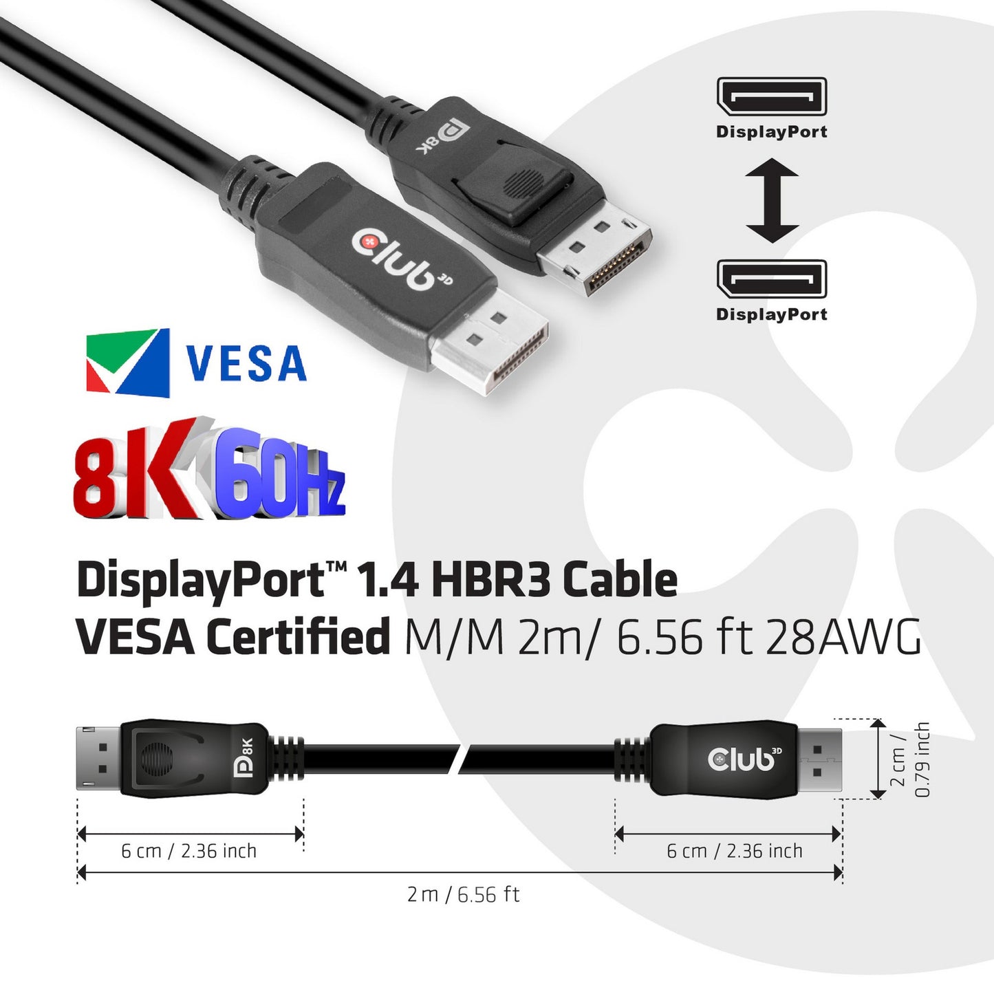 Club 3D displayport 1.4 vesa gecertificeerde kabel male-male (zwart, 2 meter, 8k 60hz, 32.4gbps)