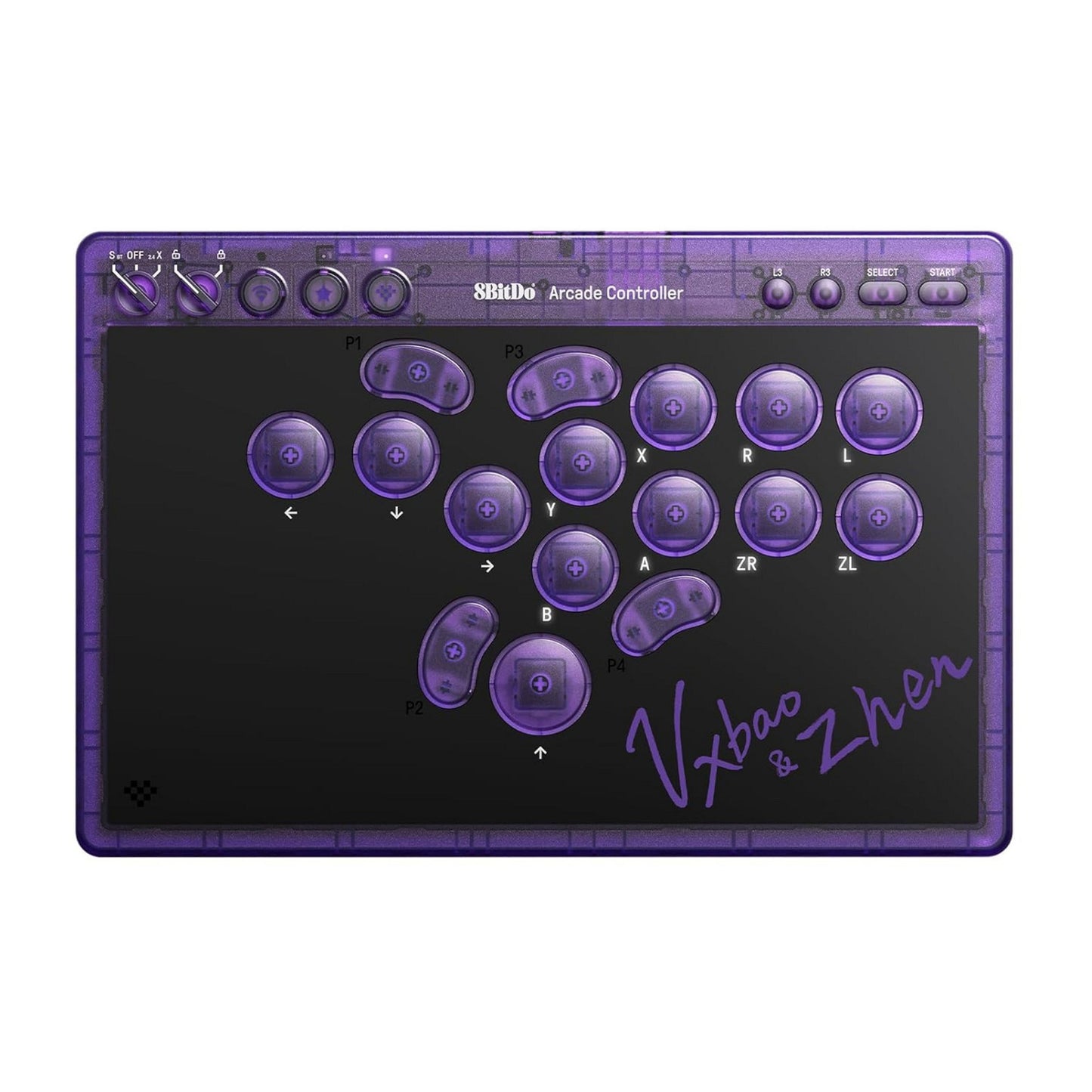8BitDo arcade controller - transparent purple signature edition (paars transparant, 2.4 ghz bluetooth usb, nintendo switch 1 + 2, pc)