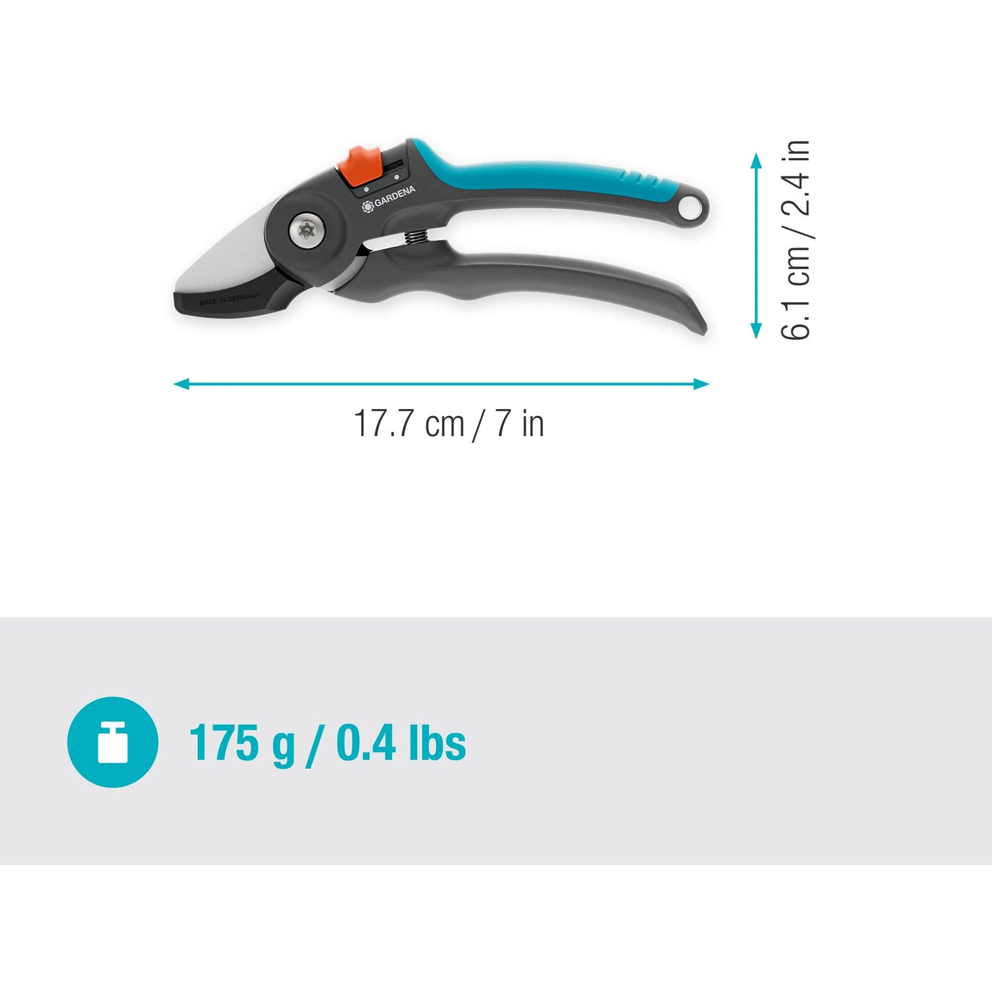 GARDENA snoeischaar premiumcut voor droog hout (grijs turquoise, aambeeldsnede, 20 mm snoeidiameter)