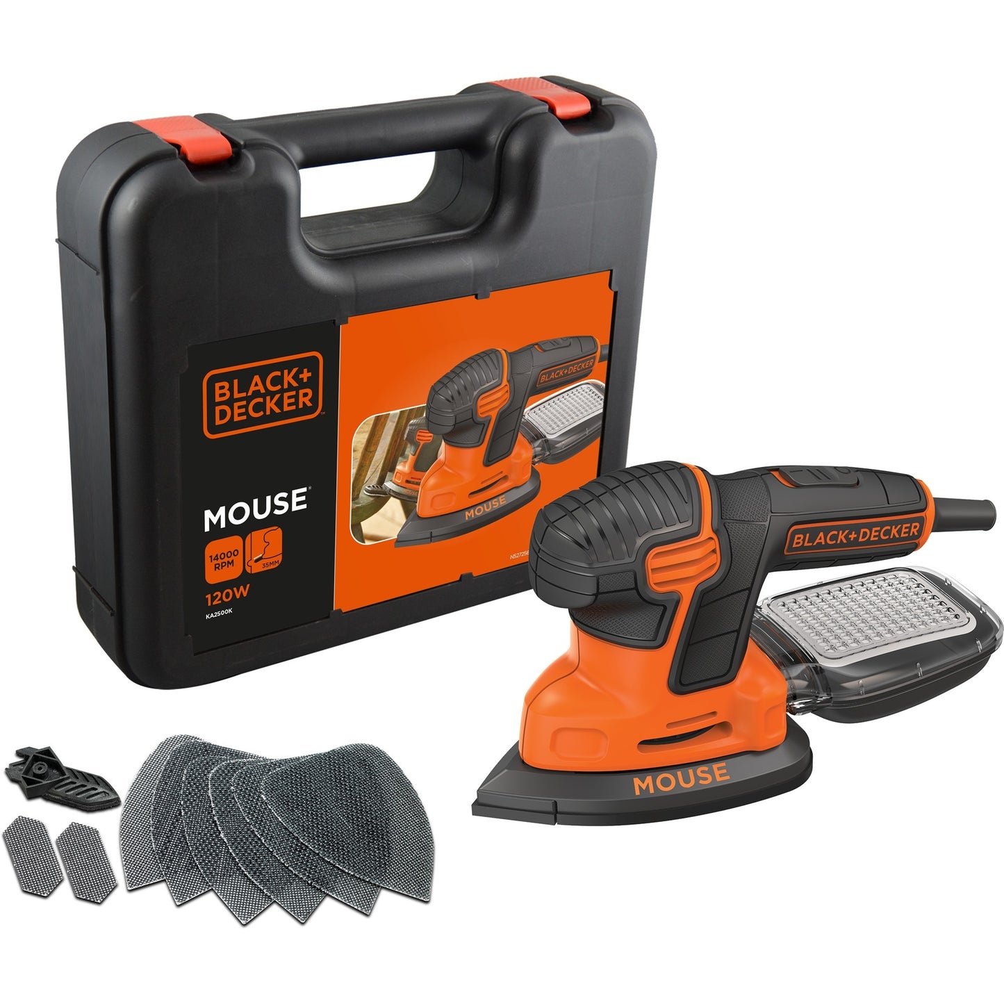 BLACK+DECKER 120 watt mouse detailschuurmachine ka2500k-qs deltaschuurmachine (oranje zwart, accessoires en koffer inbegrepen)