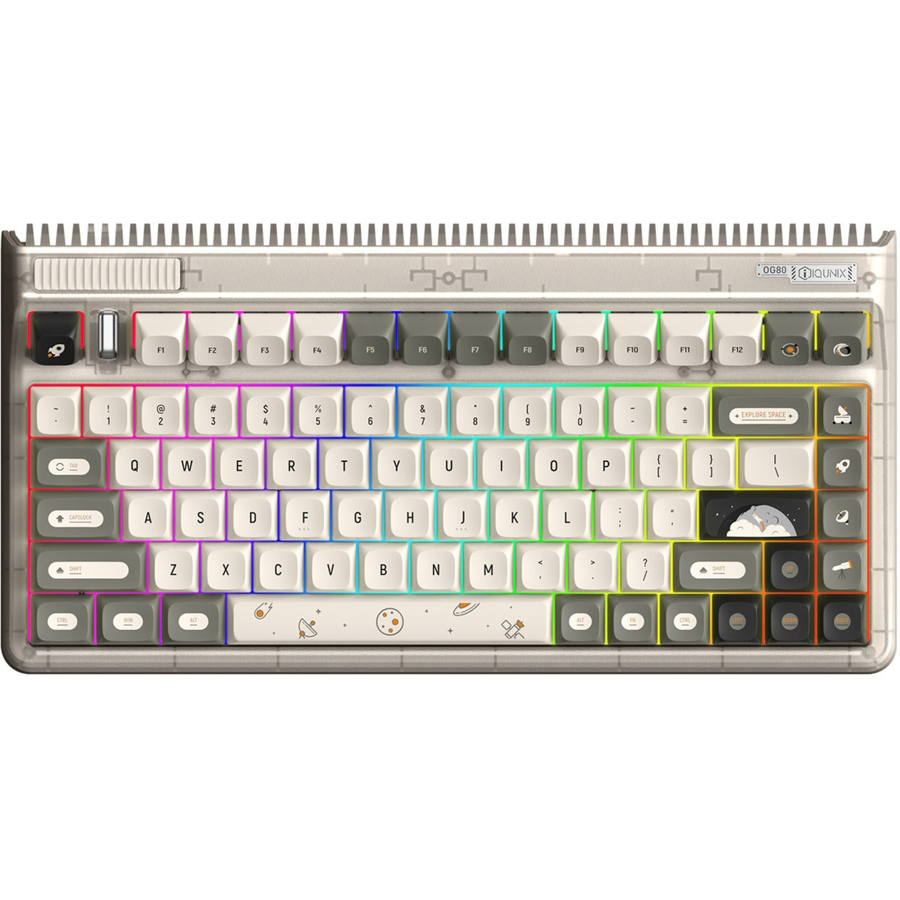 Iqunix OG80 Hitchhiker Wireless Mechanical Keyboard (Grijs, US lay-out (QWERTY), Cherry MX Silent Red, 80% (TKL), RGB leds, Hot-swappable, PBT, 2.4GHz | Bluetooth 5.1 | USB-C)