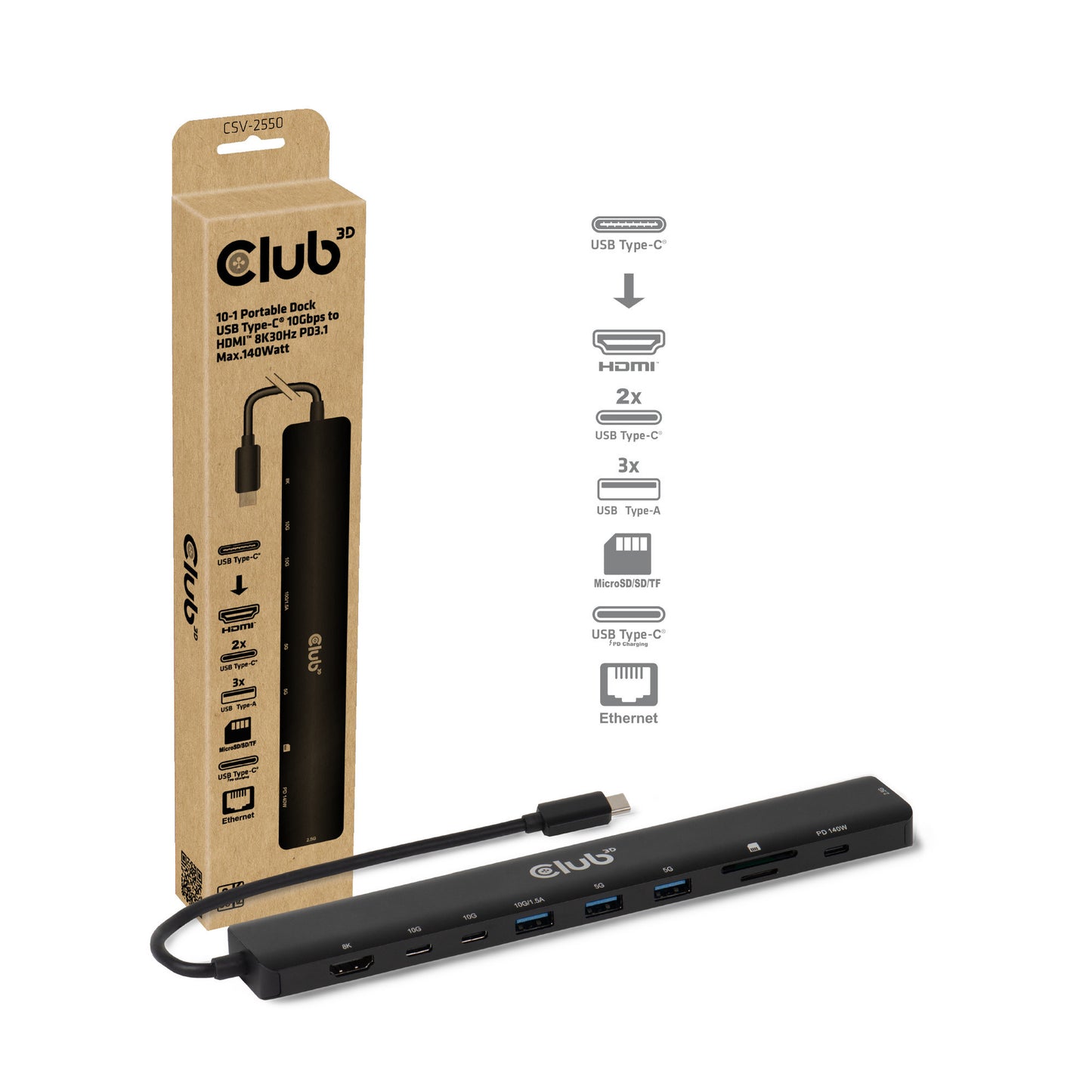 Club 3D 10-1 portable dock usb type-c 10gbps to hdmi 8k30hz pd3.1 max.140 watt dockingstation (zwart, hdmi, usb-c, lan)