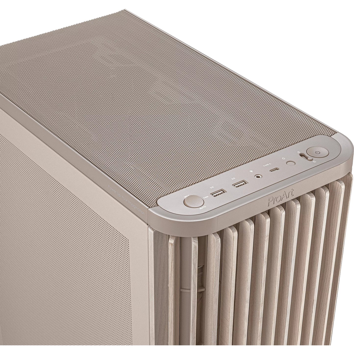 ASUS proart pa401 wood edition - mesh panel midi tower behuizing (beige houtkleur | 2x usb-a | 1x usb-c)