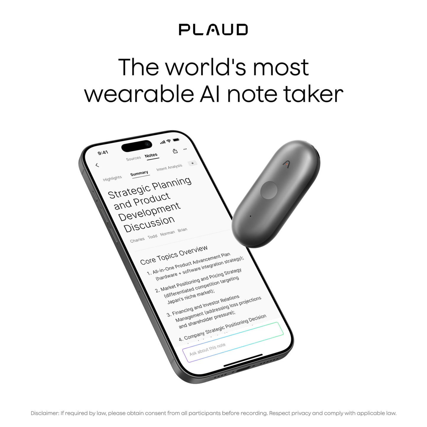 Plaud NotePin S dicteerapparaat (Zwart, 64 GB, Bluetooth 5.2 BLE (Bluetooth Low Energy) Wi-Fi)