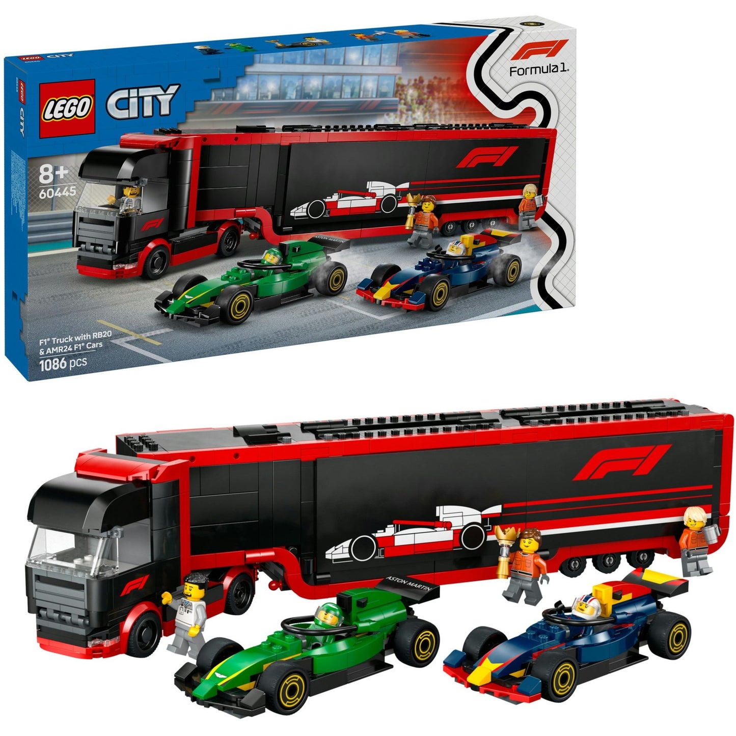 LEGO city 60445 f1 truck met rb20 en amr24 f1 auto's