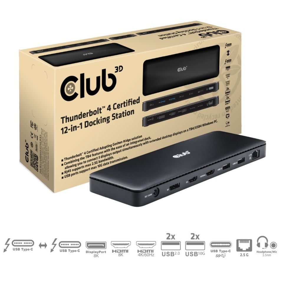 Club 3D thunderbolt 4 12-in-1 dock dockingstation (zwart)