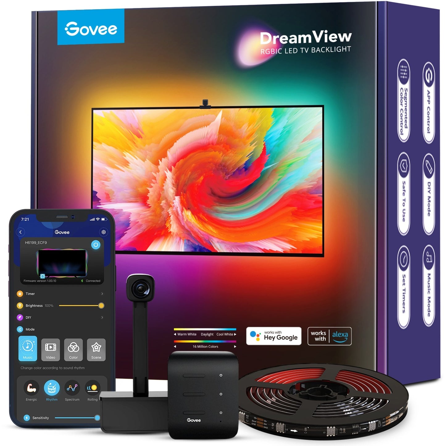 Govee h6199 dreamview t1 tv achtergrondverlichting sfeerverlichting (5 meter, rgbic, wifi, bluetooth, voor 75 - 85 inch tv's)