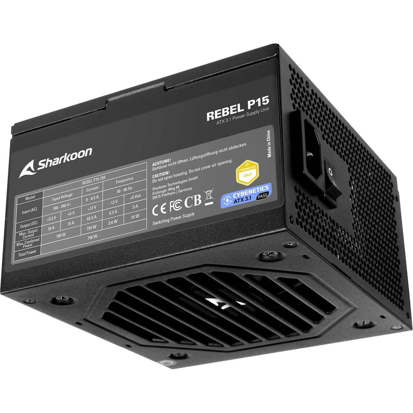 Sharkoon rebel p15 750 watt voeding (zwart, 1x 12v-2x6, 4x pcie)