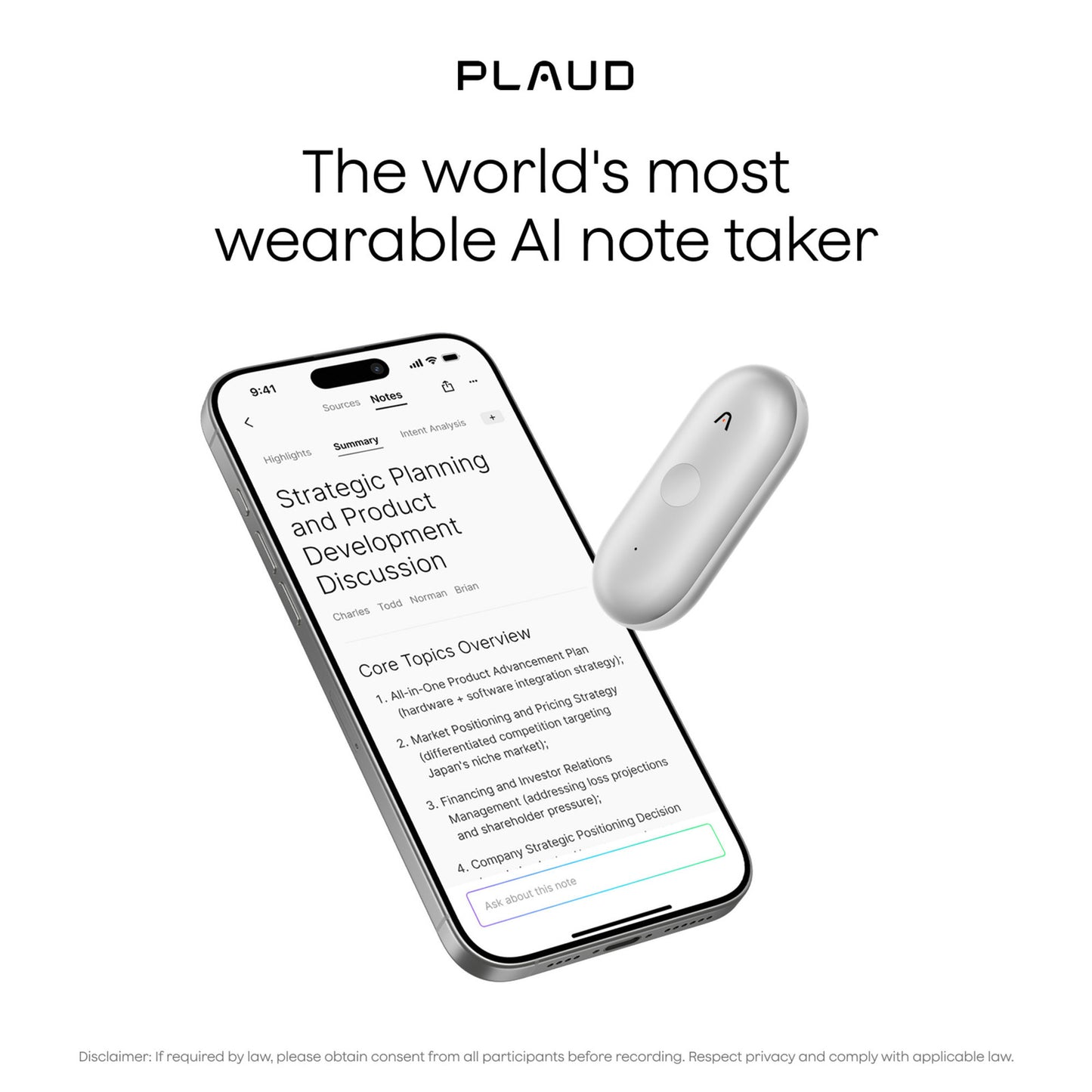 Plaud NotePin S dicteerapparaat (Zilver, 64 GB, Bluetooth 5.2 BLE (Bluetooth Low Energy) Wi-Fi)