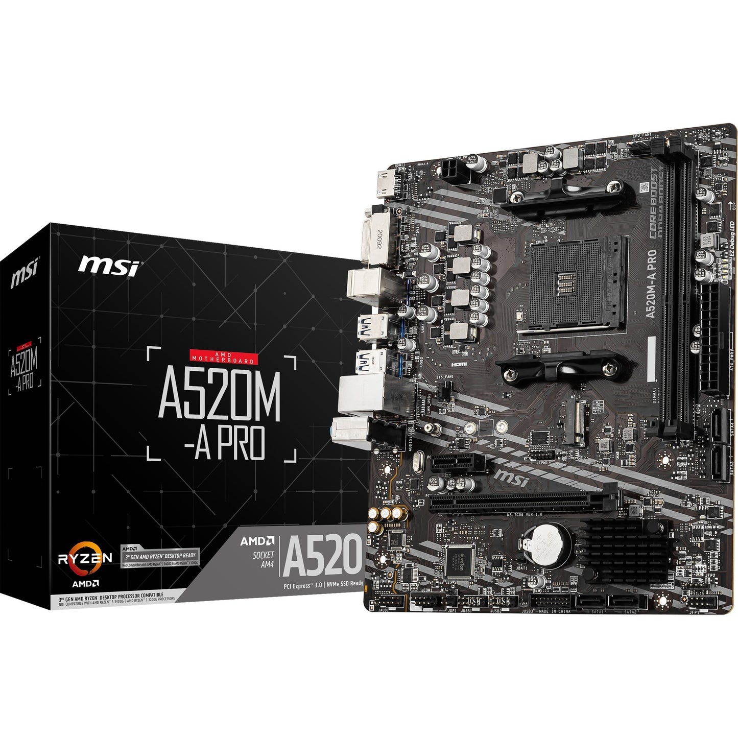 MSI a520m-a pro socket am4 moederbord (zwart grijs, raid, gb-lan, sound, µatx)