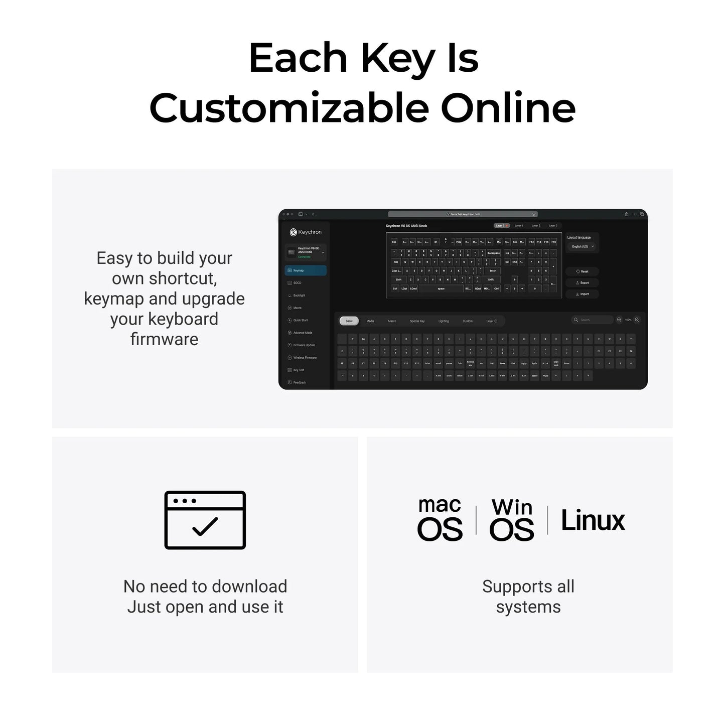 Keychron v6w-d1 8k qmk wired custom mechanical keyboard (zwart, us lay-out (qwerty), super red, 100%, rgb leds, double-shot pbt, hot swap, 8k, knop)
