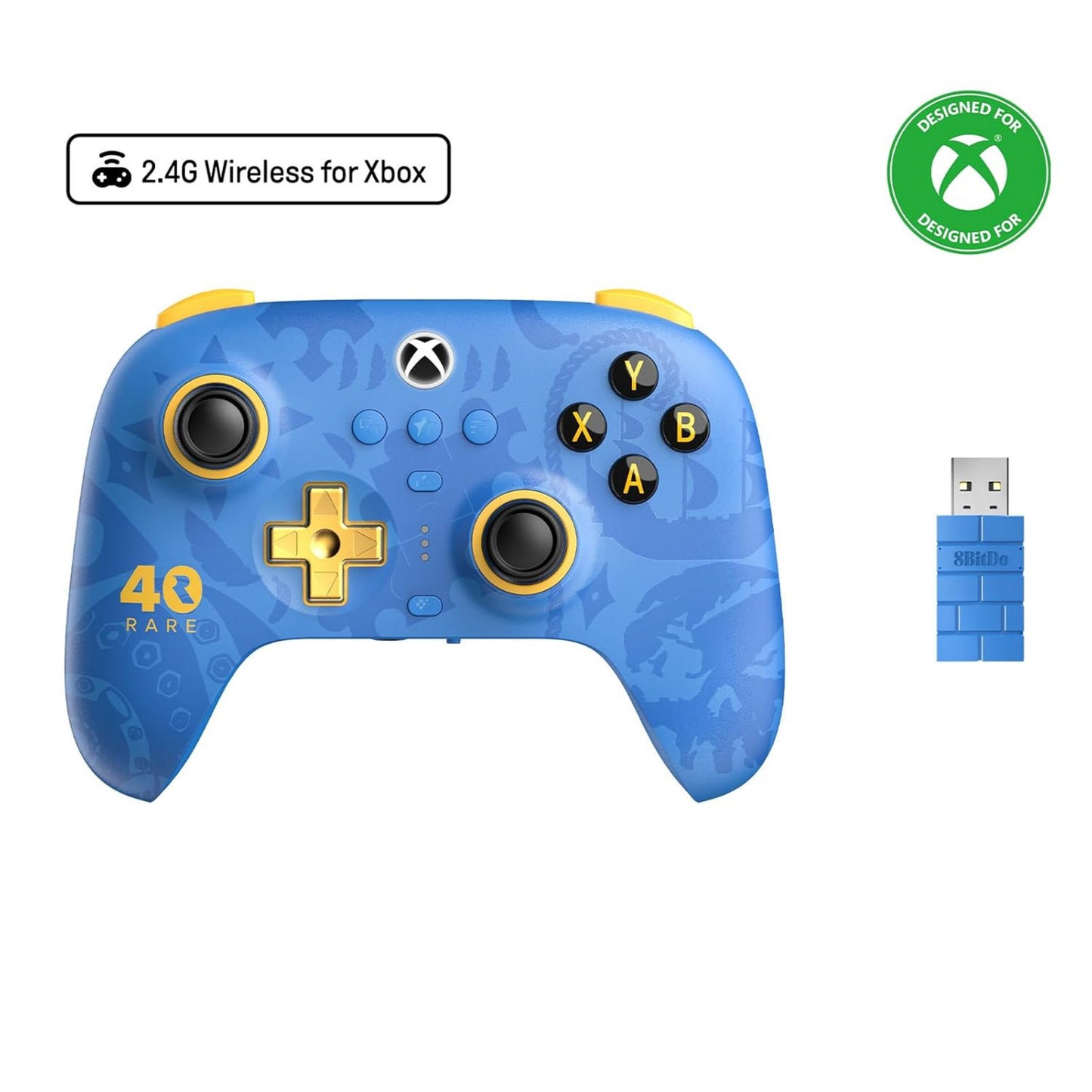 8BitDo ultimate 3-mode controller for xbox - rare 40th anniversary edition (blauw goud, xbox series x|s, xbox one, pc, bluetooth usb-c 2.4 ghz )