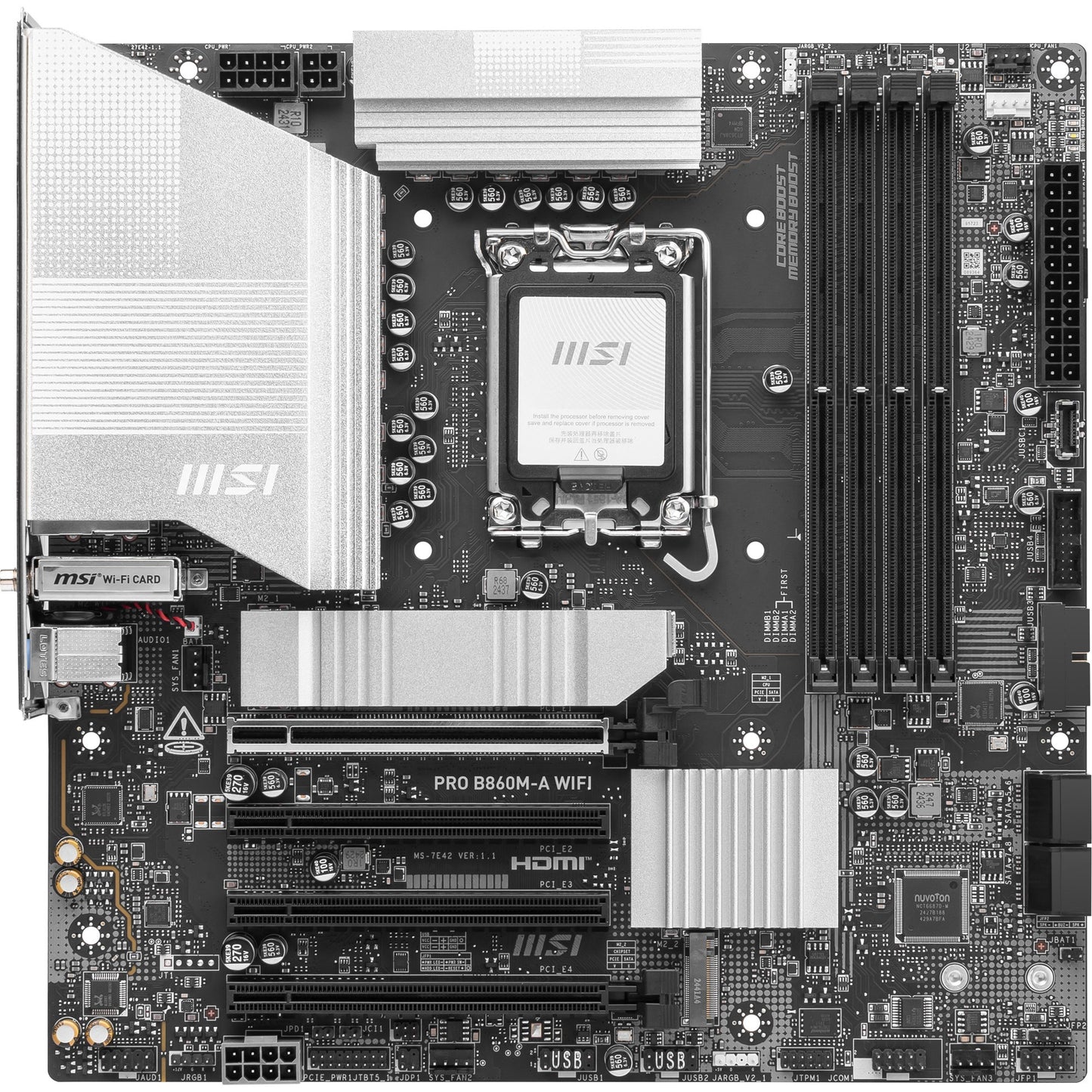 MSI pro b860m-a wifi socket 1851 moederbord (zilver, raid, 5gb-lan, wi-fi 7, bt, sound, µatx)