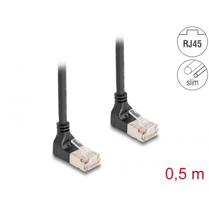 DeLOCK rj45 network cable cat.6a s ftp slim 90° upwards upwards angled 0.5 m kabel (zwart)