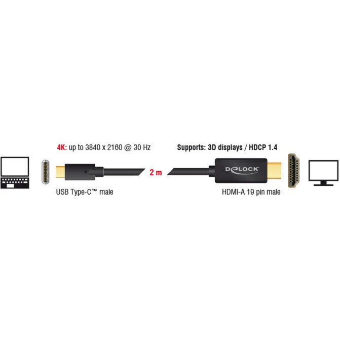 DeLOCK usb-c (male) > hdmi (male) (dp alt mode) kabel (zwart, 2 meter, 4k 30 hz)