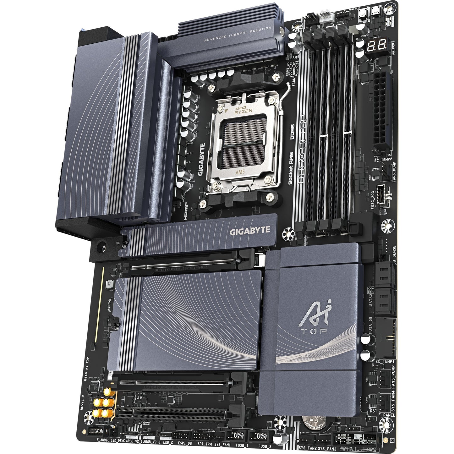 GIGABYTE b850 ai top socket am5 moederbord (zwart grijs, raid, 2x 10 gb-lan, wi-fi 7, bt, sound, atx)