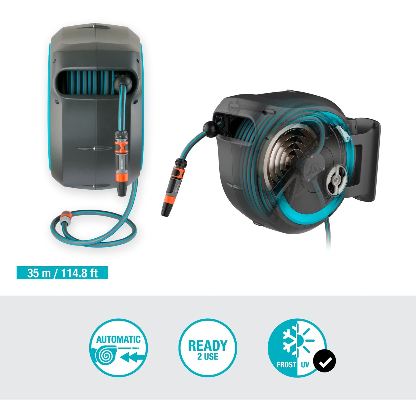 GARDENA wandslangenbox rollup xl slanghaspel (grijs turquoise, 18630-20, 35 meter)