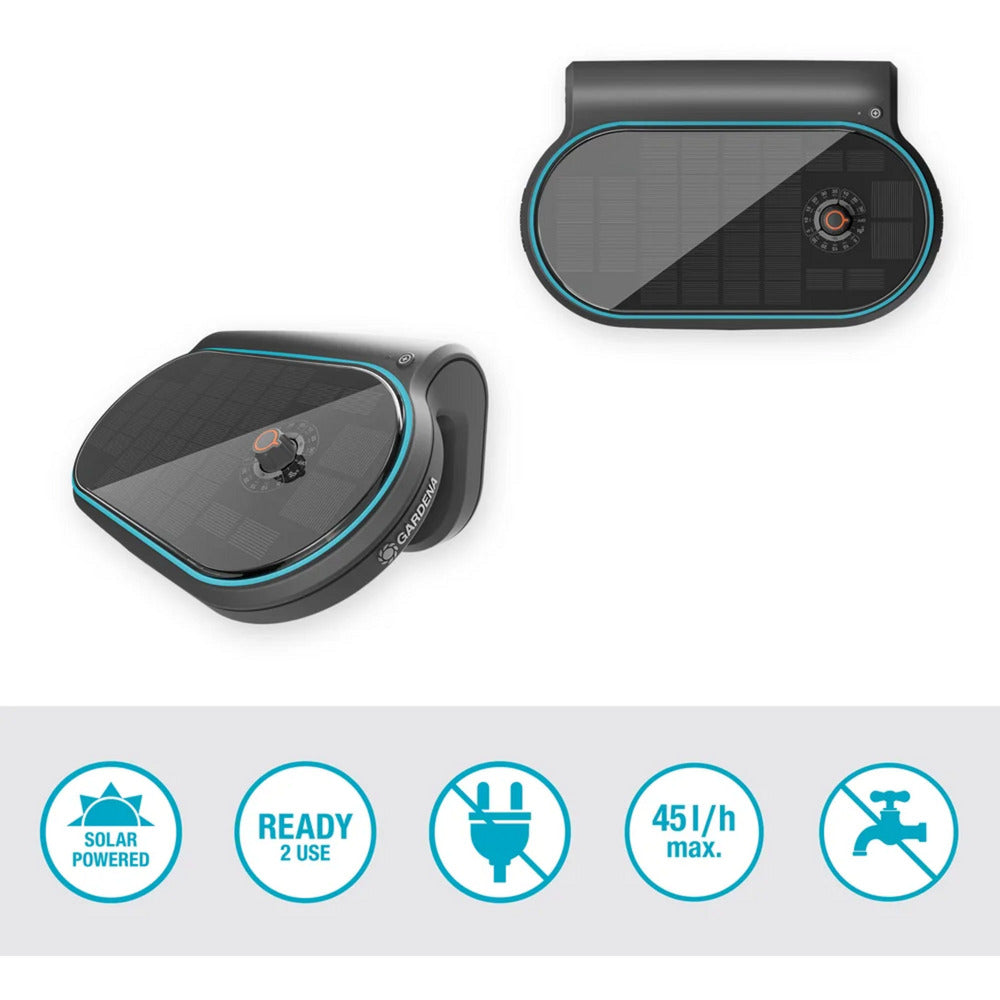 GARDENA aquabloom set l voor bewatering op zonne-energie besproeiingscomputer (grijs turquoise, automatisch besproeiingssysteem, accu inbegrepen)