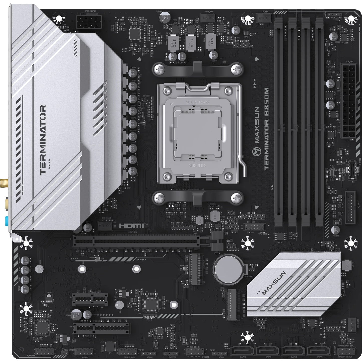 MAXSUN ms-terminator b850m wifi socket am5 moederbord (zwart, raid, 2.5 gb-lan, wlan, bt, sound, µatx)
