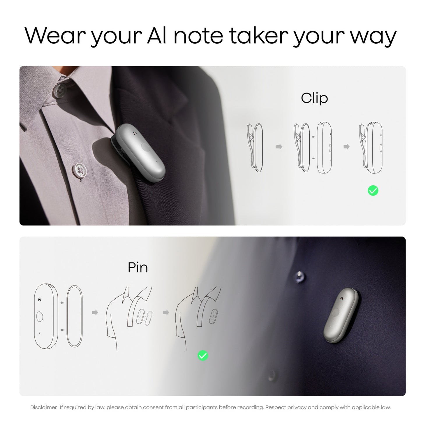 Plaud NotePin S dicteerapparaat (Zilver, 64 GB, Bluetooth 5.2 BLE (Bluetooth Low Energy) Wi-Fi)