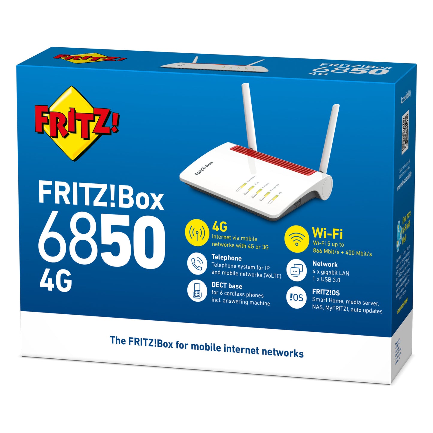 FRITZ! box 6850 4g edition international router (wit rood, mesh wi-fi, 4g 3g)
