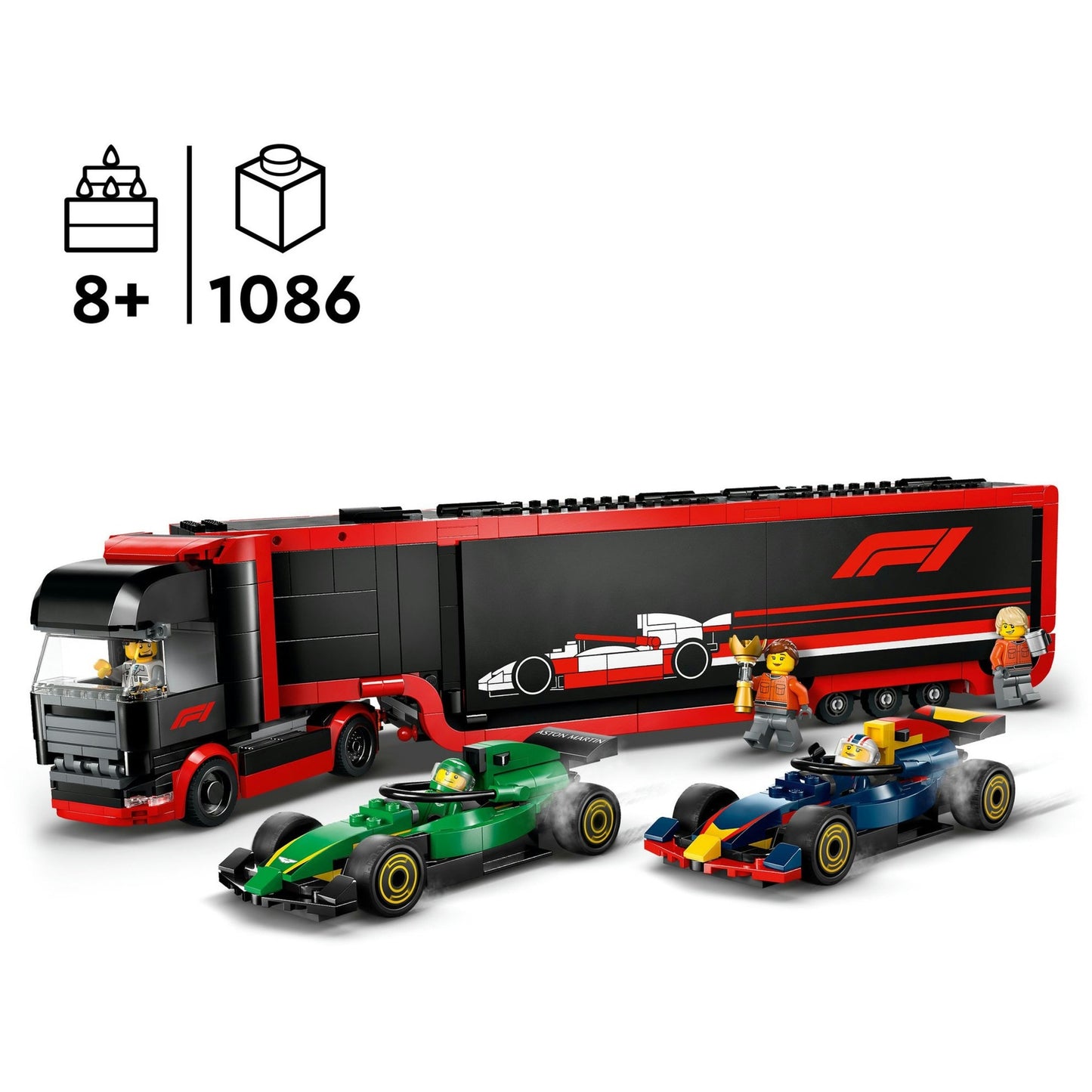 LEGO city 60445 f1 truck met rb20 en amr24 f1 auto's