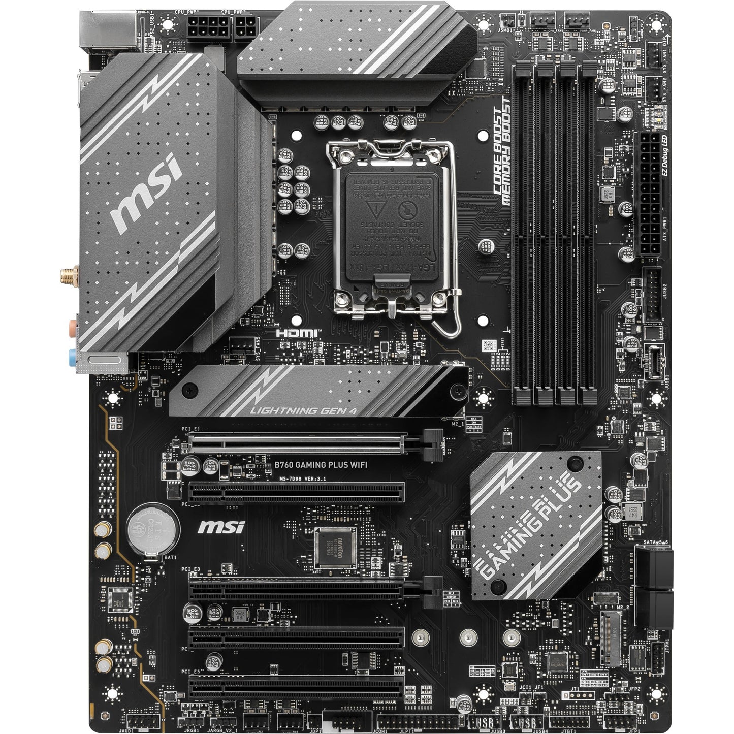 MSI b760 gaming plus wifi socket 1700 moederbord (grijs zwart, raid, 2.5gb-lan, wi-fi 6e, bt, sound, atx)